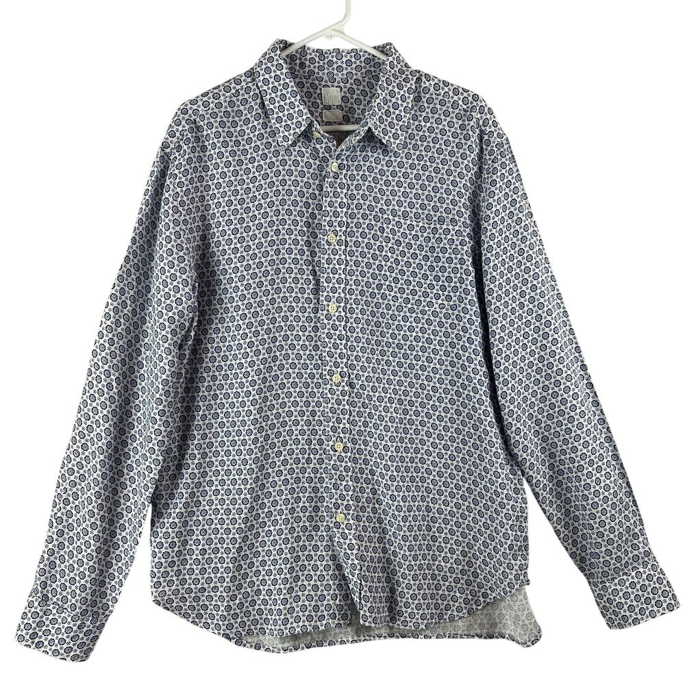 120% Lino Mens Linen Shirt XXL White Blue Medallion Print Italy Regular Fit EUC
